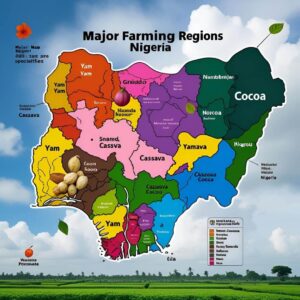 Map showing major farming regions in Nigeria and their produce specialties.